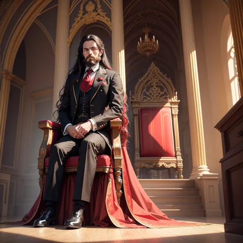 Create an artwork of a Victorian castle and in the middle of the hall there is a red gold throne, Sitting on this red throne is a man with long black hair and a short beard that match his age., he is dressed in black formal clothing and adorned with a red ...