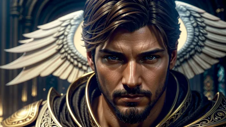 Up close portrait of a male angel, d & d, face, fantasy, intricate, elegant, highly detailed, digital painting, artstation, concept art, smooth, sharp focus, illustration, art by artgerm and greg rutkowski and alphonse mucha