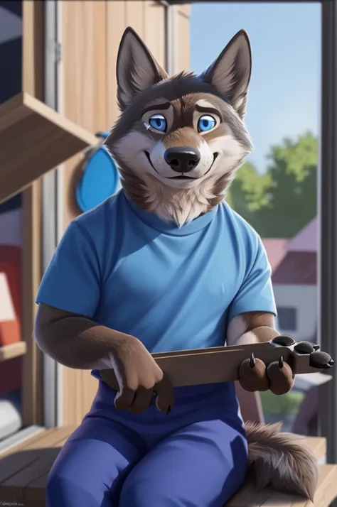 Larry (Zveropolis), wolf, Gray Fur, (brown body:1.3), beautiful blue eyes, Zveropolis, dressed, t-shirt,trousers,apron, canine,wolf, detailed fur, male, second, paw pads, finger claws, viewer, 5 fingers, paws, 4 toes,holds, times, 
BREAK from nextel, for d...