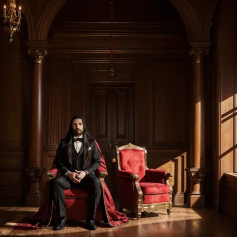 Create an artwork of a Victorian castle and in the middle of the hall there is a red gold throne, Sitting on this red throne is a man with long black hair and a short beard that match his age., he is dressed in black formal clothing and adorned with a red ...