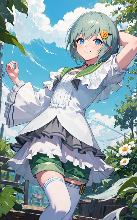 (masterpiece, Highest quality:1.2), alone, One girl, Seiun Sky, smile, View your viewers, Hair Clip, Hair Flowers, Horse&#39;s ears, Frills, shirt, Long sleeve, Green shorts, Horse tail, sit、grassland seiunsky, hairclip, hair flower, horse ears, horse tail...