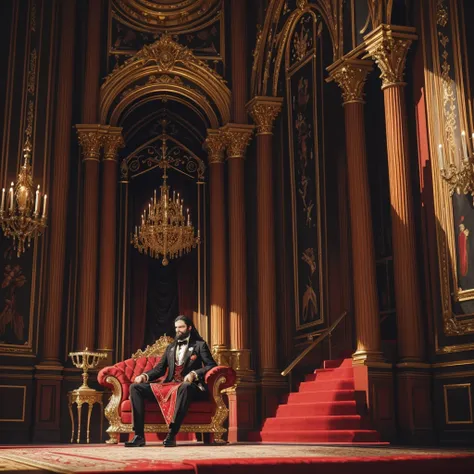 Create an artwork of a Victorian castle and in the middle of the hall there is a red gold throne, Sitting on this red throne is a man with long black hair and a short beard that match his age., he is dressed in black formal clothing and adorned with a red ...