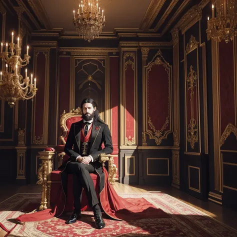 Create an artwork of a Victorian castle and in the middle of the hall there is a red gold throne, Sitting on this red throne is a man with long black hair and a short beard that match his age., he is dressed in black formal clothing and adorned with a red ...