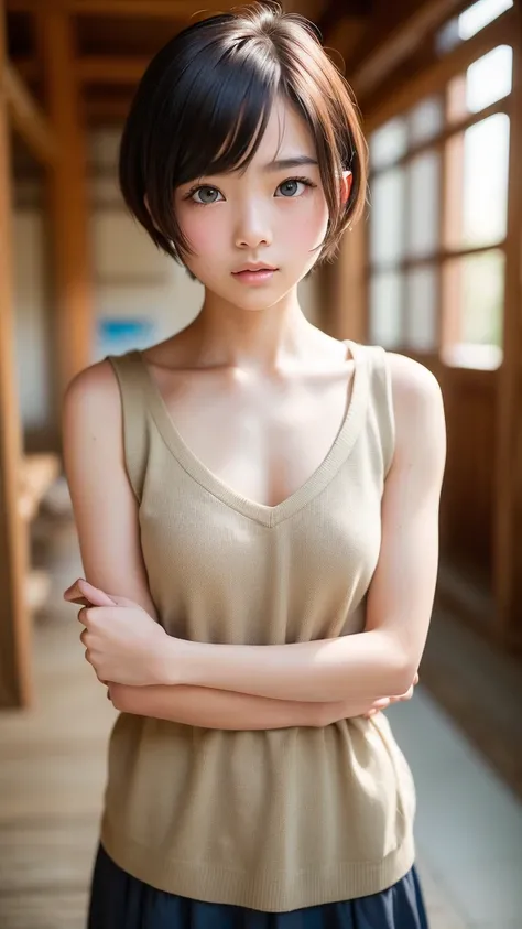 ((sfw: 1.4)), ((sfw, extra short hair, sidelocks-hair, 1 Girl)), Ultra High Resolution, (Realistic: 1.4), RAW Photo, Best Quality, (Photorealistic Stick), Focus, Soft Light, ((15 years old)), ((Japanese)), (( (young face))), (surface), (depth of field), ma...