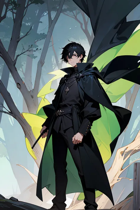 1male , Black Hair , Black Eyes , Serious Expression, Young Male , Black Cloak , Fitted Clothing , Black Turtleneck , Bright Lightning , Forest Background , Standing on path