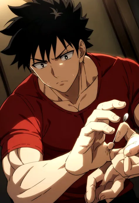 boy red shirt muscular short black hair with a needle in his hand anime