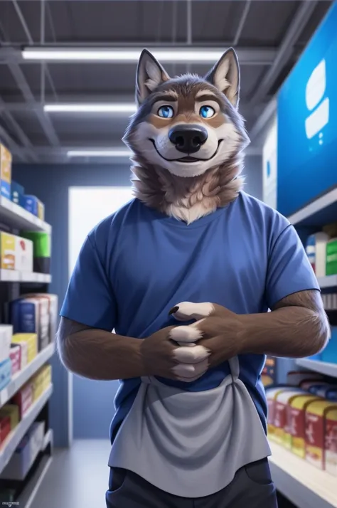 Larry (Zveropolis), wolf, Gray Fur, (brown body:1.3), beautiful blue eyes, Zveropolis, dressed, t-shirt,trousers,apron, canine,wolf, detailed fur, male, second, paw pads, finger claws, viewer, 5 fingers, paws, 4 toes,holds, times, 
BREAK from nextel, for d...