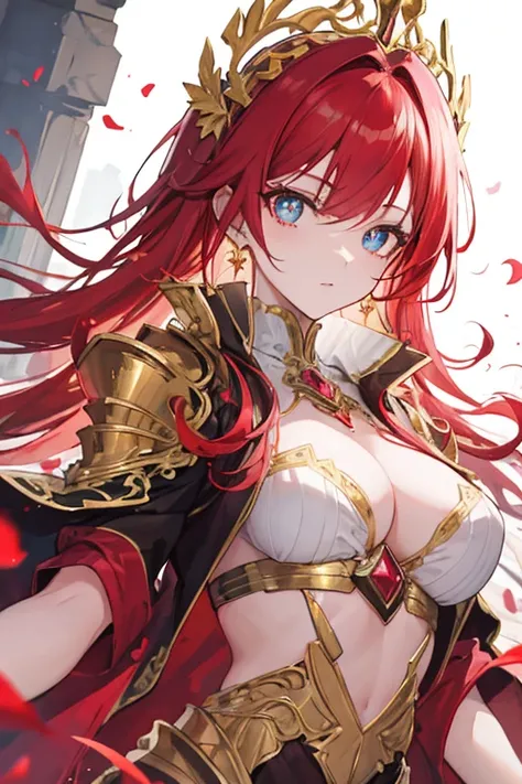 Create an image of a beautiful woman wearing ornate armor made of gold, she has beautiful red hair, and golden vertical pupils, anime styling