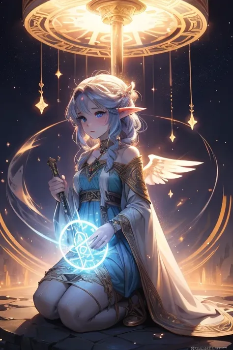  a magical scenery in the background. 🌟✨

!Anime Elf with Magical Background Young elf holds an ancient scroll with frayed edges. The runes and symbols inscribed on it appear to pulse in response to the circle of light. She deciphers the ancient words, see...