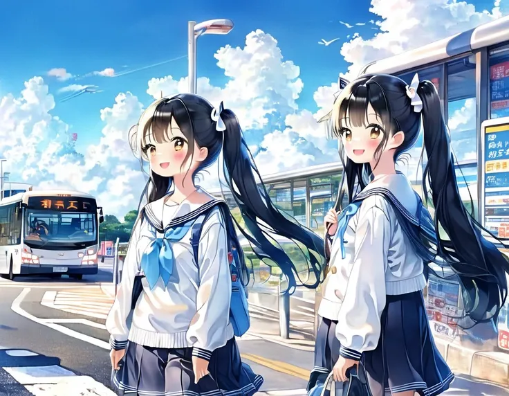 Black long hair、Two beautiful girls with twin tails、Sailor suit、Bright smile、Full Body View、Waiting for a bus at the bus stop、I can see the bus、White clouds in blue sky、Face Highlights