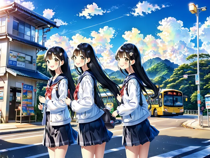 Black long hair、Two beautiful girls with twin tails、Sailor suit、Bright smile、Full Body View、Rural landscape、Waiting for a bus at the bus stop、I can see the bus、White clouds in blue sky、Face Highlights