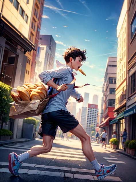 Highest quality,Highest Resolution,A student running through the city with a loaf of bread in his mouth,