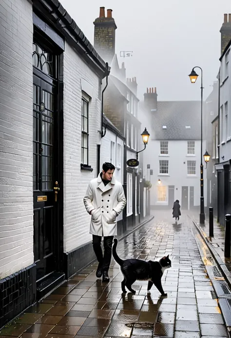 Create an afternoon scene on a dark street inspired by the streets of London. the street tiles are wet and fog hangs in the air. The street is deserted, only one man stands out in the landscape. A man wears white warm clothes and black hair. A walking cat ...