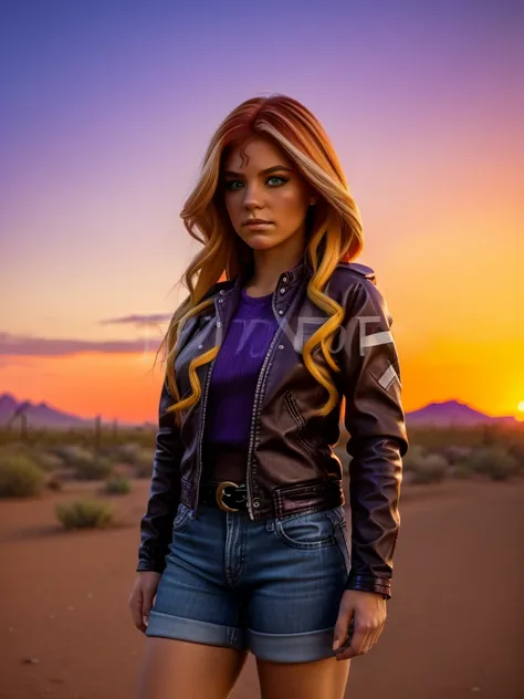 A girl with shimmering red and yellow hair, detailed facial features, striking purple eyes, delicate makeup, wearing an unzipped black leather jacket, a purple shirt, blue jeans, and red and white sneakers with white laces, standing in a city-desert landsc...