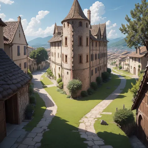 (((in isekai)))、medieval times、towns、Italy、Spain、dead wood、Cloudless blue sky、Straight road、View from the ground、small houses々、Cobblestones with no gaps、Precise roof tiles、No Haze、Pan Focus、(((unmanned)))、Anime Background、Ghibli、hiquality、quality、No humans...