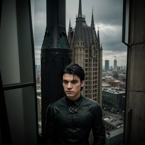 Generate art , work of art, best photo, pop culture style genre DC comics,
break,
A 20 year old young man, medium straight black hair, dark green eyes, DC vigilante dress, looking gloomy while looking down from a tower at a gothic-style city, Dark clothes,...