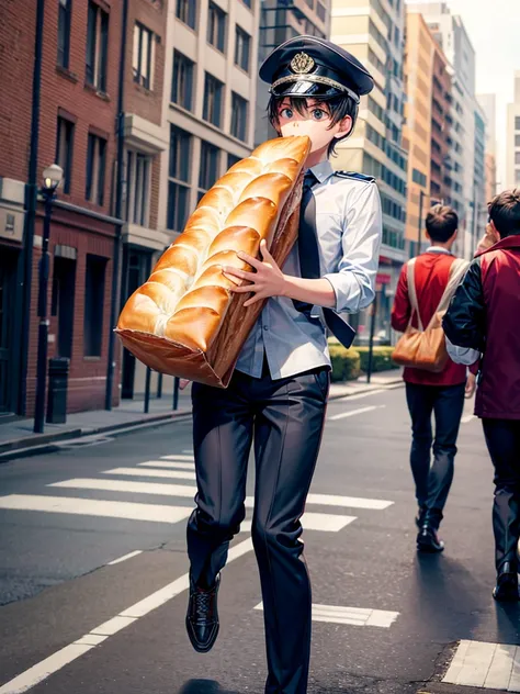 Highest quality,Highest Resolution,A student in uniform running through the city with a loaf of bread in his mouth,