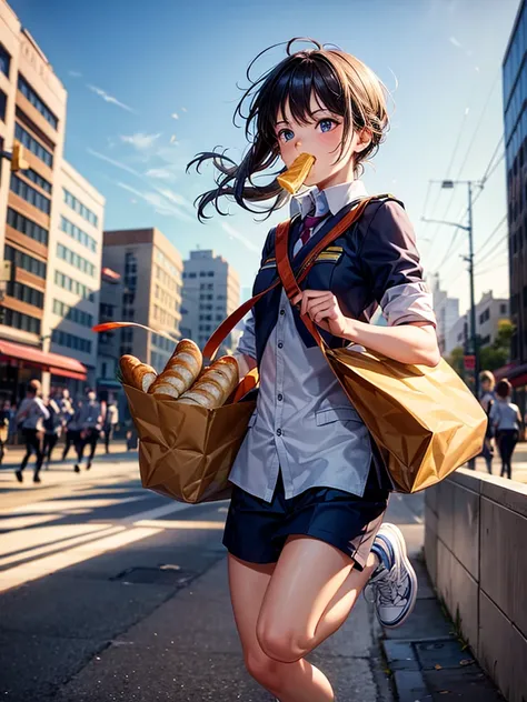 Highest quality,Highest Resolution,A student in uniform running through the city with a loaf of bread in his mouth,