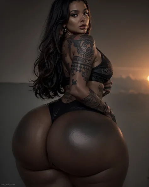 A bitten apple tattooed on a black woman , tattoo a Nordic apple on a woman&#39;s ass, tattoo in the shape of a bitten apple, luminous tattoo made of light



