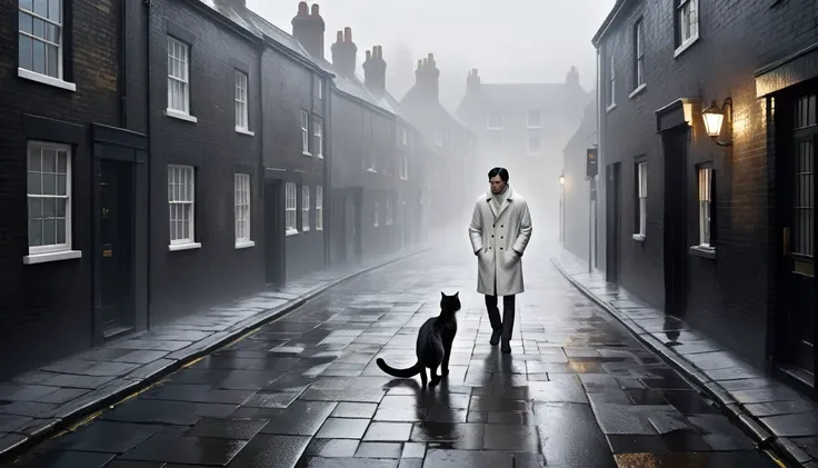 Create an afternoon scene on a dark street inspired by the streets of London. the street tiles are wet and fog hangs in the air. The street is deserted, only one man stands out in the landscape. A man wears white warm clothes and black hair. A walking cat ...