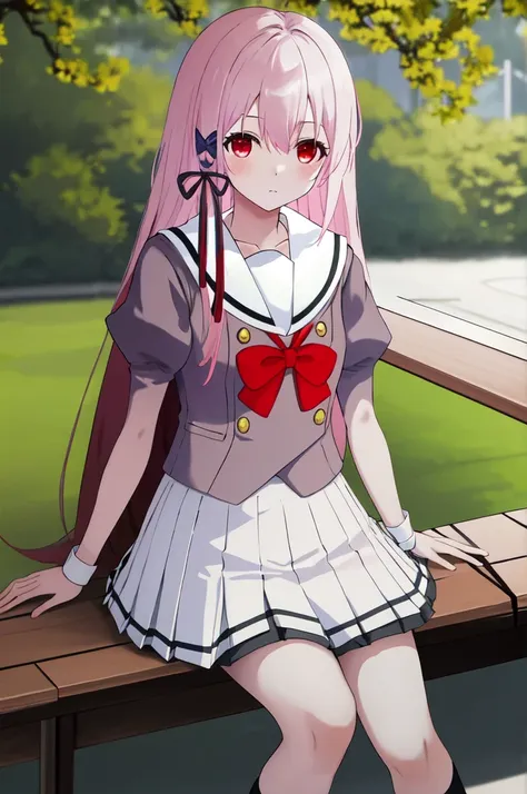 masterpiece, best quality, high resolution, hair band, white skirt with red bow gray serafuku, sitting in a park.