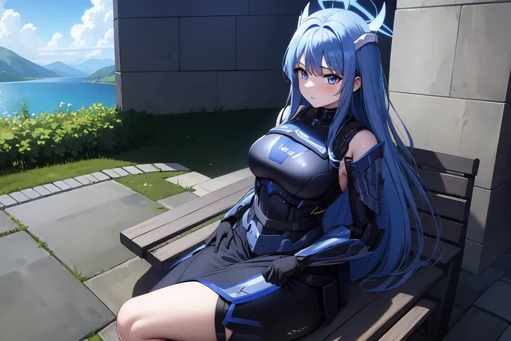 1girl,solo, saorijoumae, saori joumae, blue eyes, blue hair, halo, long hair, sitting, looking at viewer, adventurer clothes, light armor, horns, outdoors