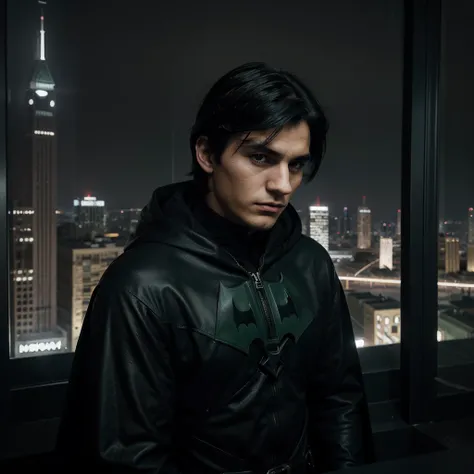 Generate art, best photo, pop culture style genre DC comics Batman type,
break,
A 20 year old young man, medium straight black hair, dark green eyes, DC vigilante dress, looking gloomy while looking down from a tower at a gothic-style city, Dark clothes,
b...