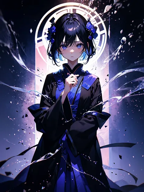 セクシーなドレスを着ています、エッチです、25-year-old girl、Rune background、black magician、Wearing a black robe、mesmerize、cute woman、Elegant hairstyle、indigo hair color、Slightly shorter hair、blue eyes、look at the viewer、masterpiece、Best image、