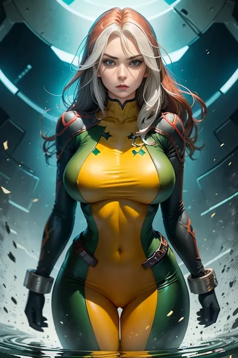 Create a semi-realistic, anime-inspired portrait of Rogue from the X-Men. Rogue is a strong and confident mutant with striking features. She has long, flowing auburn hair with a white streak, which is a prominent characteristic. Her eyes are intense and gr...