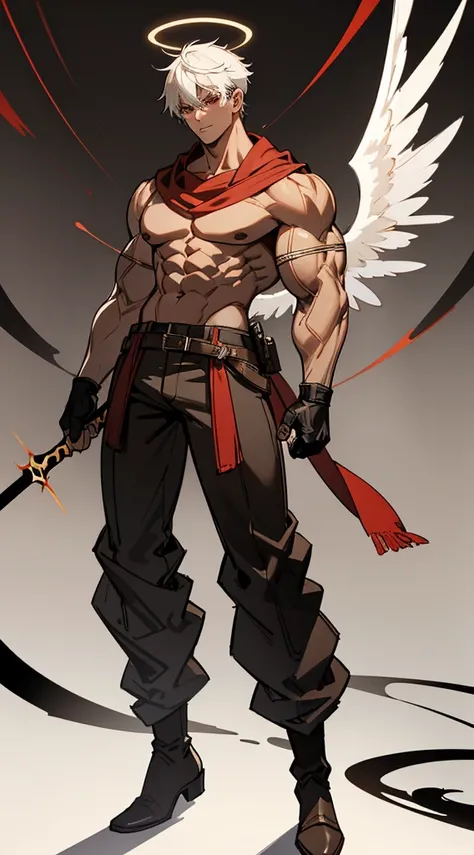 Character sheet, full body, bottom, anime style, 4K, high quality, handsome man, white hair, very short hair, ((crew cut: 1)), red eyes, fair skin, ((muscular: 1) ), man, 28 years old, muscular, in good shape, muscular, barbarian race, lots of muscles, war...