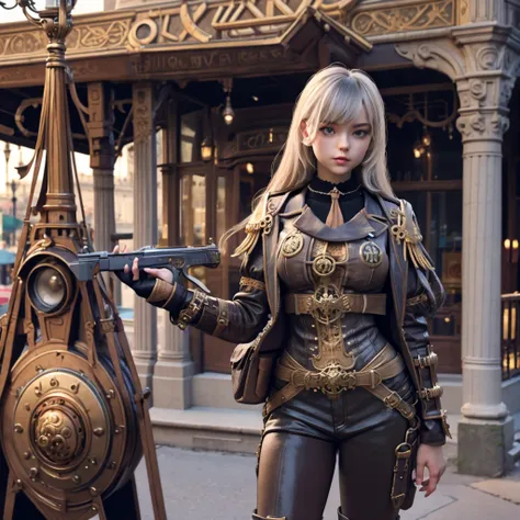 Girl clad in steampunk armor holding a steampunk shotgun standing in front of the Eiffel Tower