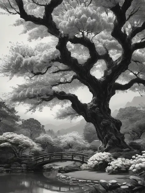 stunning black and white graphite sketch of cheery tree blossums in a Japanese garden, panoramic shot, from The Lord Of The Rings trilogy, in dynamic pose, by Anna Razumovskay, (by Alyssa Monks:1.1), by Joseph Lorusso, by Lilia Alvarado, beautiful lighting...