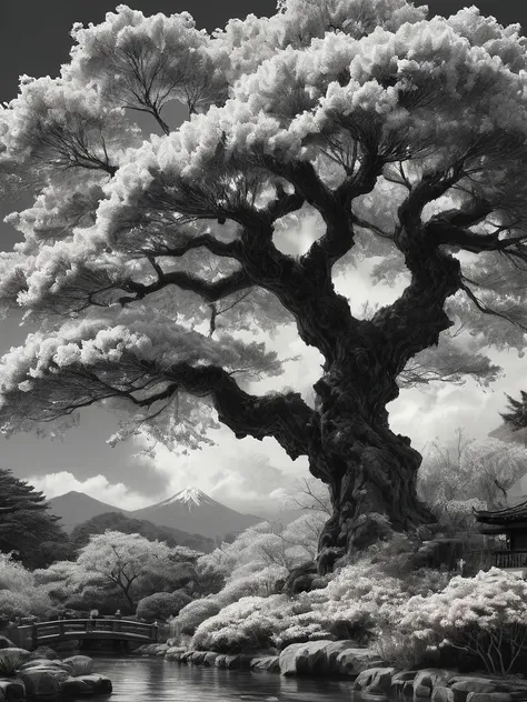 stunning black and white graphite sketch of cheery tree blossums in a Japanese garden, panoramic shot, from The Lord Of The Rings trilogy, in dynamic pose, by Anna Razumovskay, (by Alyssa Monks:1.1), by Joseph Lorusso, by Lilia Alvarado, beautiful lighting...