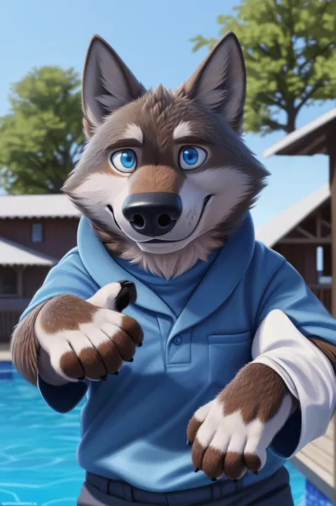 Larry (Zveropolis), wolf, Gray Fur, (brown body:1.3), beautiful blue eyes, Zveropolis, dressed,shirt,trousers, canine,wolf, detailed fur, male, second, paw pads, finger claws, viewer, 5 fingers, paws, 4 toes,holds, times, close to the camera,
BREAK from ne...