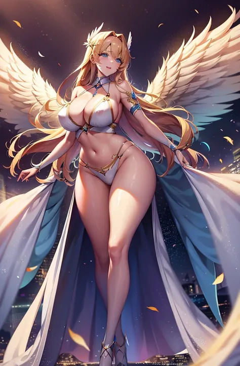 最high quality, high quality, 8K、High resolution,Highest quality、solo、胸に翼のある白いビキニ姿のtallのadult female angelを下から、Very beautiful proportions、belly button、Thighs、tall、Adult woman in a white bikini, Archangel Style、super Wild Angel, A happy open-mouthed smile、Th...