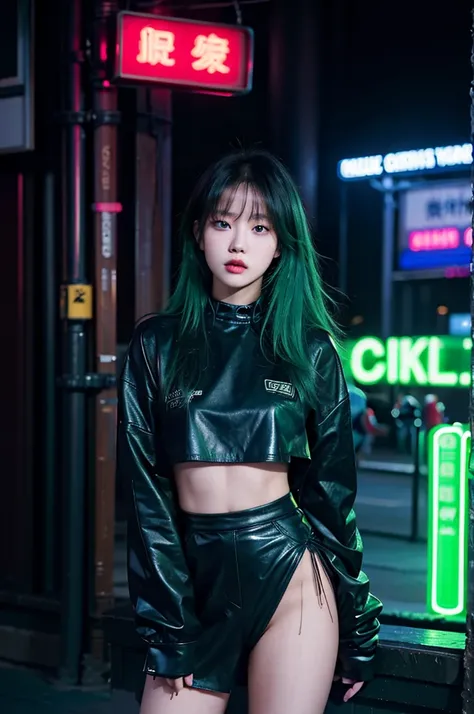 there is a woman standing in front of a neon sign, roseanne park of blackpink, trending on cgstation, a emo young girl, blue eyes, beauty face, long black and green hair, busted, goth outfit ajusted, captured on canon eos r 6, hd, high textures