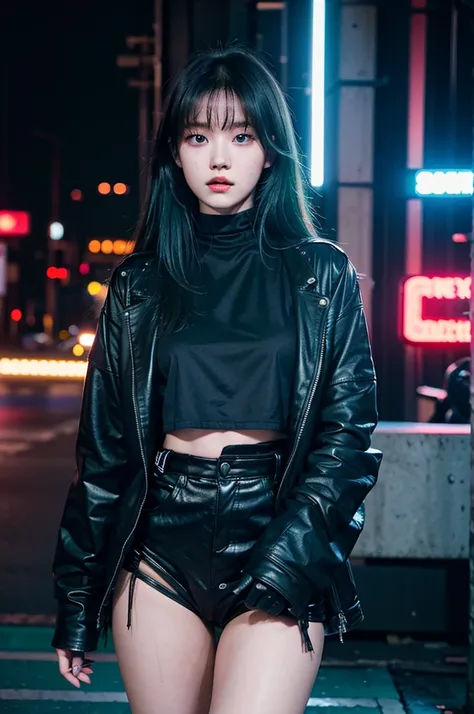 there is a woman standing in front of a neon sign, roseanne park of blackpink, trending on cgstation, a emo young girl, blue eyes, beauty face, long black and green hair, busted, goth outfit ajusted, captured on canon eos r 6, hd, high textures