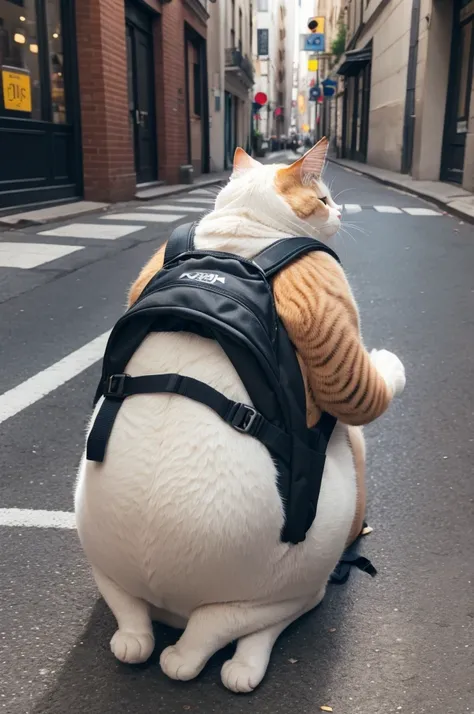 Fat cat with a backpack on the street