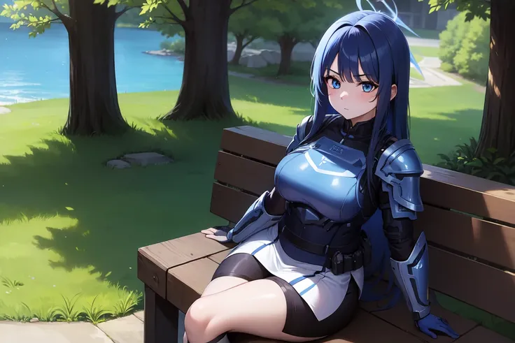 1girl,solo, saorijoumae, saori joumae, blue eyes, blue hair, halo, long hair, sitting, looking at viewer, adventurer clothes, light armor, horns, outdoors