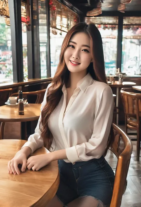 Beautiful asian woman, long hair, big breasts  ultra realistic, perfect face, long hair, full body photo, sexy smile, standing pose, cafe, elegant pose,