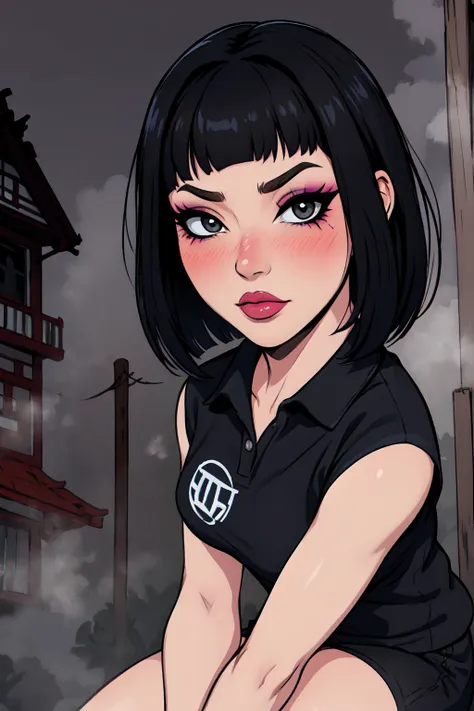 1girl, fengmin, solo, skinny, black eyes, asian eyes, eyeliner, looking at viewer, lips, black bob cut, blunt bangs, blush, , si...