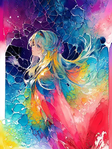 (masterpiece, top quality, best quality,watercolor (medium),official art, beautiful and aesthetic:1.2),(1girl:1.3), (fractal art:1.3),upper body, from side, looking at viewer,patterns,(rainbow color Hair,colorful hair,half blue and half pink hair:1.2),wate...