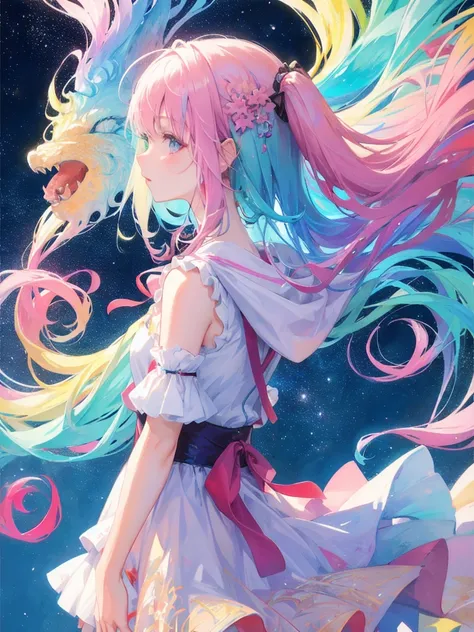 (masterpiece, top quality, best quality,watercolor (medium),official art, beautiful and aesthetic:1.2),(1girl:1.3), (fractal art:1.3),upper body, from side, looking at viewer,patterns,(rainbow color Hair,colorful hair,half blue and half pink hair:1.2),wate...