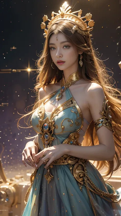 A girl wears a delicate metal headdress，It is decorated with precious stones，Dress with golden floral decoration，colored hair，Exquisite facial features，cosmic eye，unique（best quality，Super detailed and best illustration、best shade、masterpiece、high resoluti...