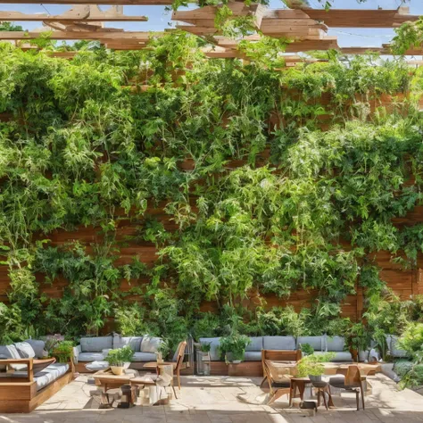 terrace with wooden wall, warm light, plants