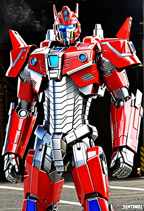 create a realistic sentinel prime image with chrome parts and numerous detailed parts. it should look robust and magnificent, wi...