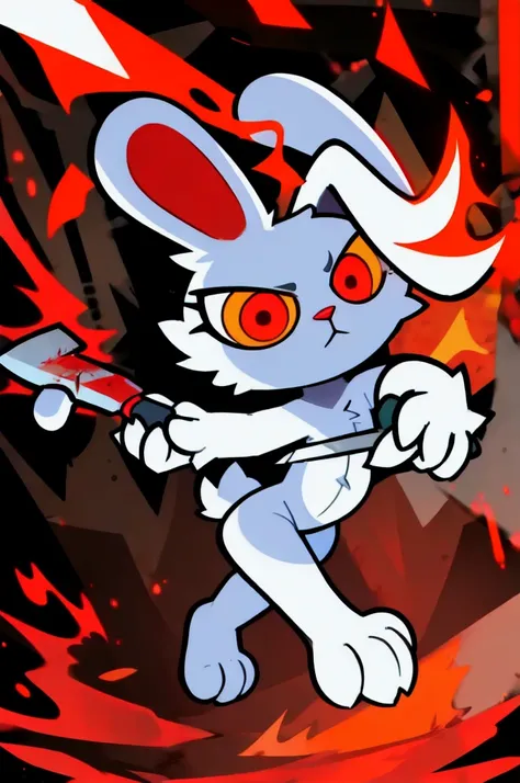 1girl,furry,nude,bunny,red pupils,orange eyes,white_fur,stitches,single handed knife,blood stain,cuteg,cartoonized,battle,solo,c...