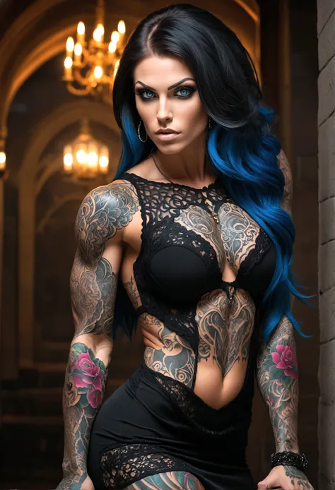 Create a hyper detailed photograph of a tattooed muscular young sexy Necromancer, Stunningly perfect gorgeous face, perfect makeup, detailed vibrant eyes, long hair, big beautiful muscular legs, big beautiful muscular arms, big back muscles, perfect body, ...