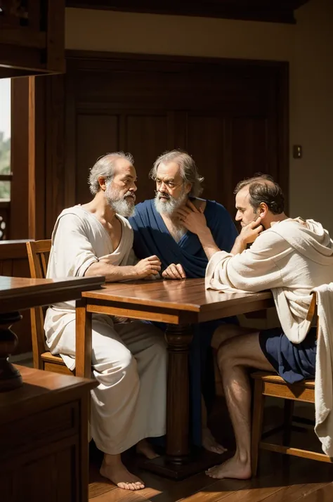 create image of aristotle, plato and socrates together telling secrets at a table 