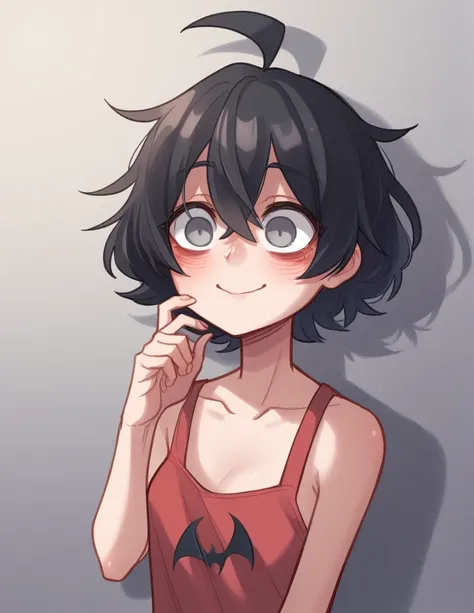 1 girl, alone, ppka, black hair, short hair, messy hair, Ahoge, parts, grey eyes, empty eyes, parts, parts en todo el cuerpo ciega, traje de succubus, succubus, cuerpos y cola de succubus, underwear, very nervous, slight smile, blushing 